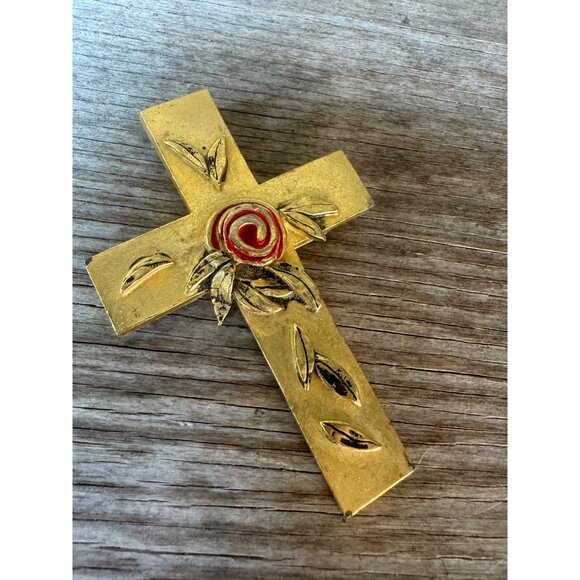 Vintage Gold-Tone Cross Pendant With Red Rose & Leaf Detailing - Don-Lin Religio - Picture 3 of 6